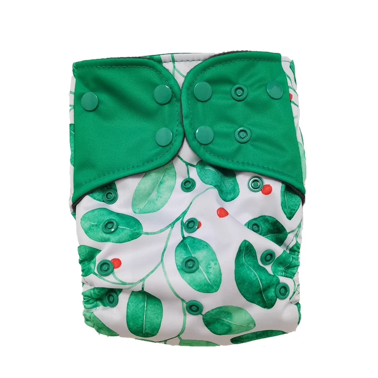 New style reusable baby bamboo cloth diapers solid green leaves 100% polyester cotton aio double leak guard washable baby diaper