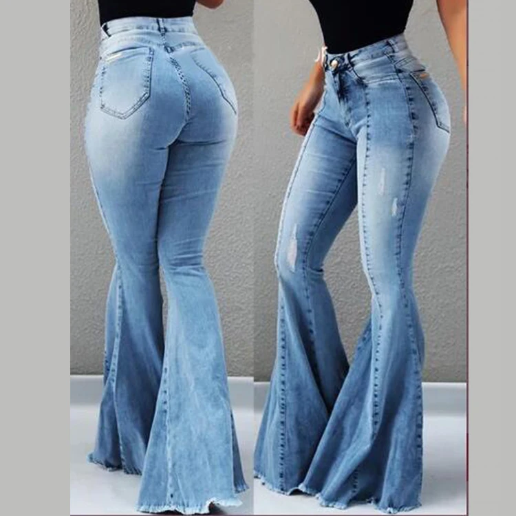 Latest design eco-friendly flare jeans front seams high waist acid blue wash jeans for women