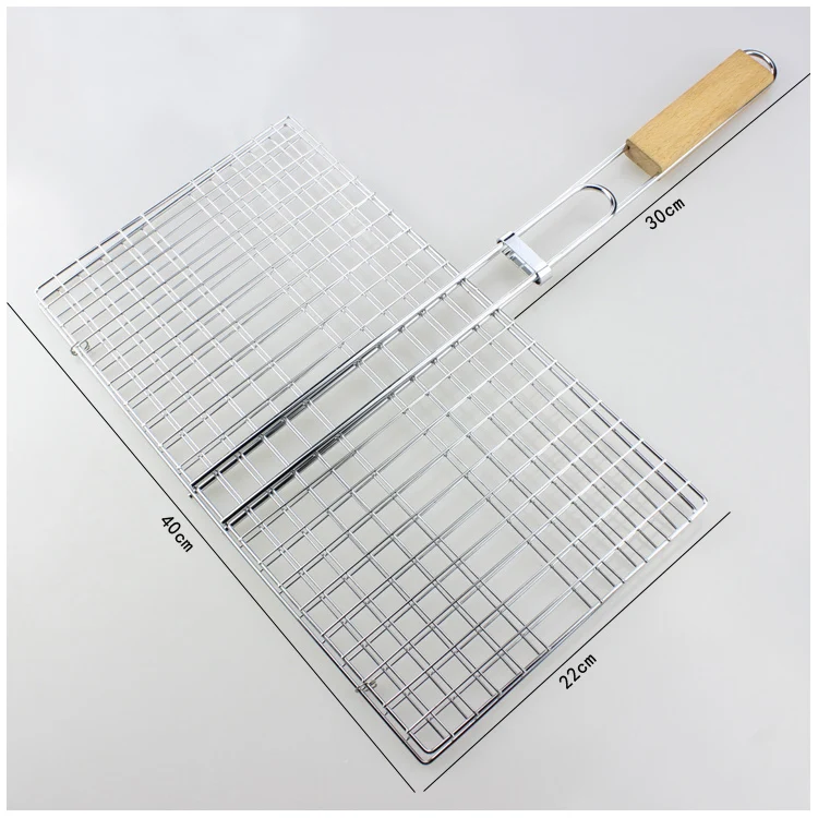 Camping BBQ Tools Iron Chrome Plated Barbecue Grills Basket With Wooden Handle BBQ Grill Net