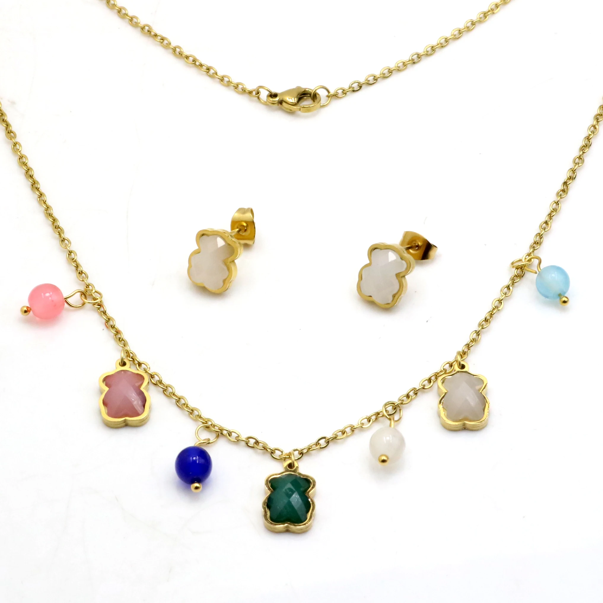 AFXSION Christmas hot jewelry bear necklace and earrings Stainless steel with Colorful Crystal 18K Gold Jewelry Set