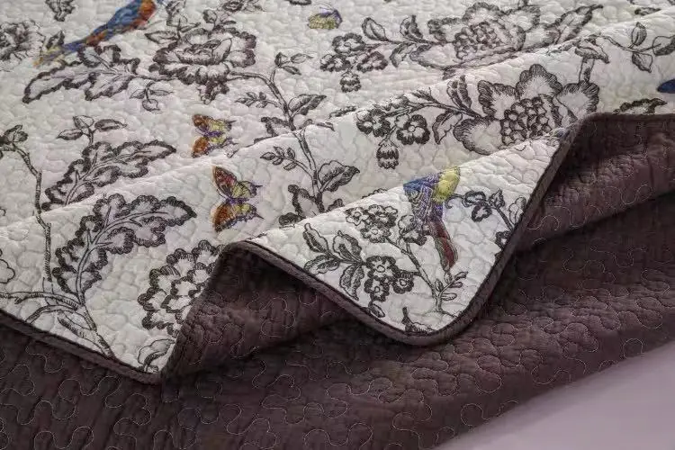 Bohemia style geometry navy blue flower plant microfiber embroid 3d printed Quilted Bedspreads Set