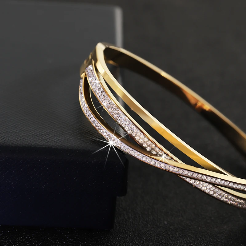 Charm Stainless Steel Shiny Rhinestone Luxury Statement Vintage Unique 24 Karat Gold Cuff Bracelets Bangle For Wedding Bridal
