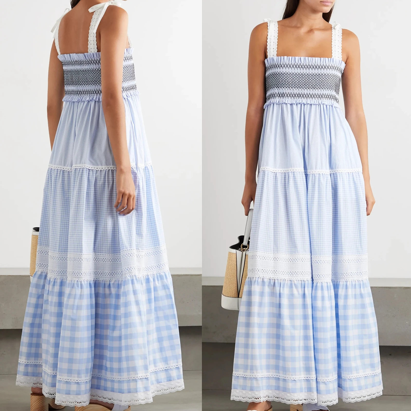New Style Summer Sweet Dresses Smocked Bodice Full Tiered Skirt Trimmed Tie-detailed Straps Maxi Dresses