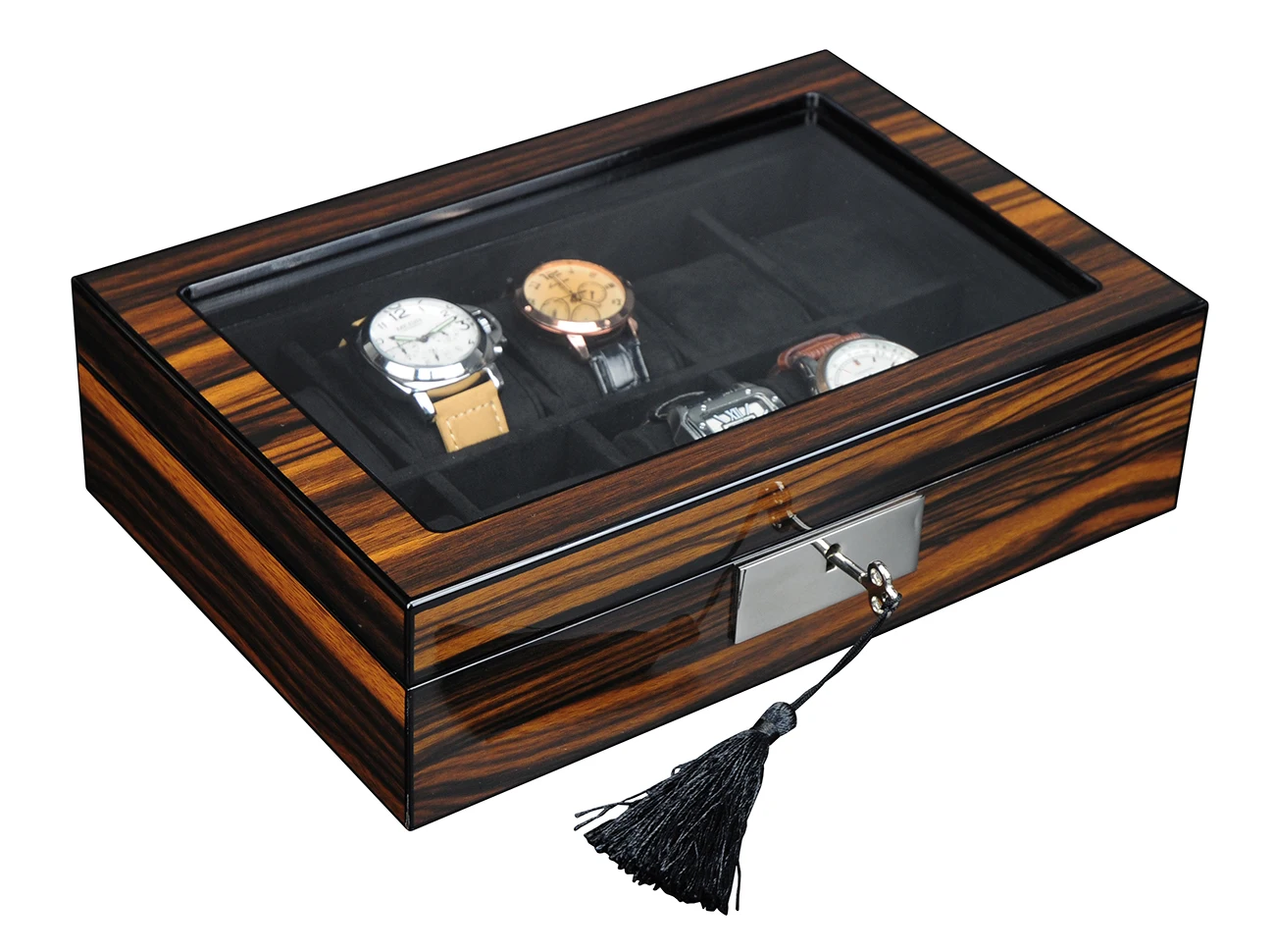 Luxury and Handmade 10 Slots High Gloss Wooden Watch Display Box with Key Lock Set and Window for Watch Collectors