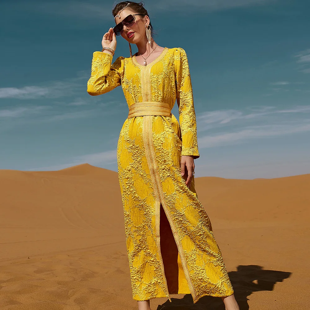 Muslim Ladies Evening Party Wear V Neck 3D Floral Print Yellow Color Elegant Dress Middle East Dubai Muslim Woman Abaya