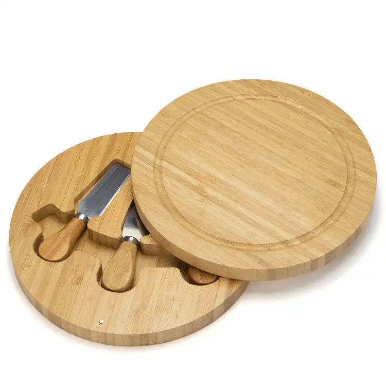 Wholesale Round Bamboo Cutlery Knife Set Cheese Cutting Charcuterie Board