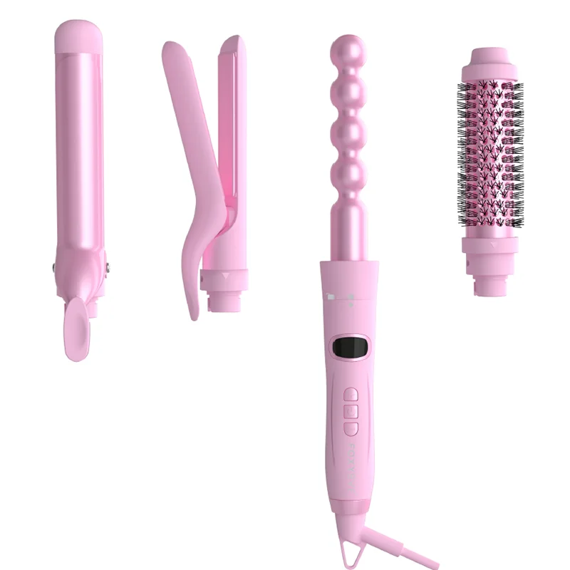 Multi Pink 4 in 1 Interchangeable Rotating Hair Straightening Curler Wand & Thermal Brush Set Heating Round Curling Iron Comb