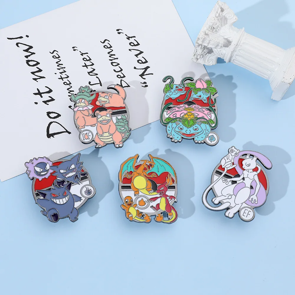 High Quality Metal Pins Cartoon Anime Cool Poke mon Pika Gengar Charmander Mewtwo Brooch Decoration Clothes Cap Badges Ornaments