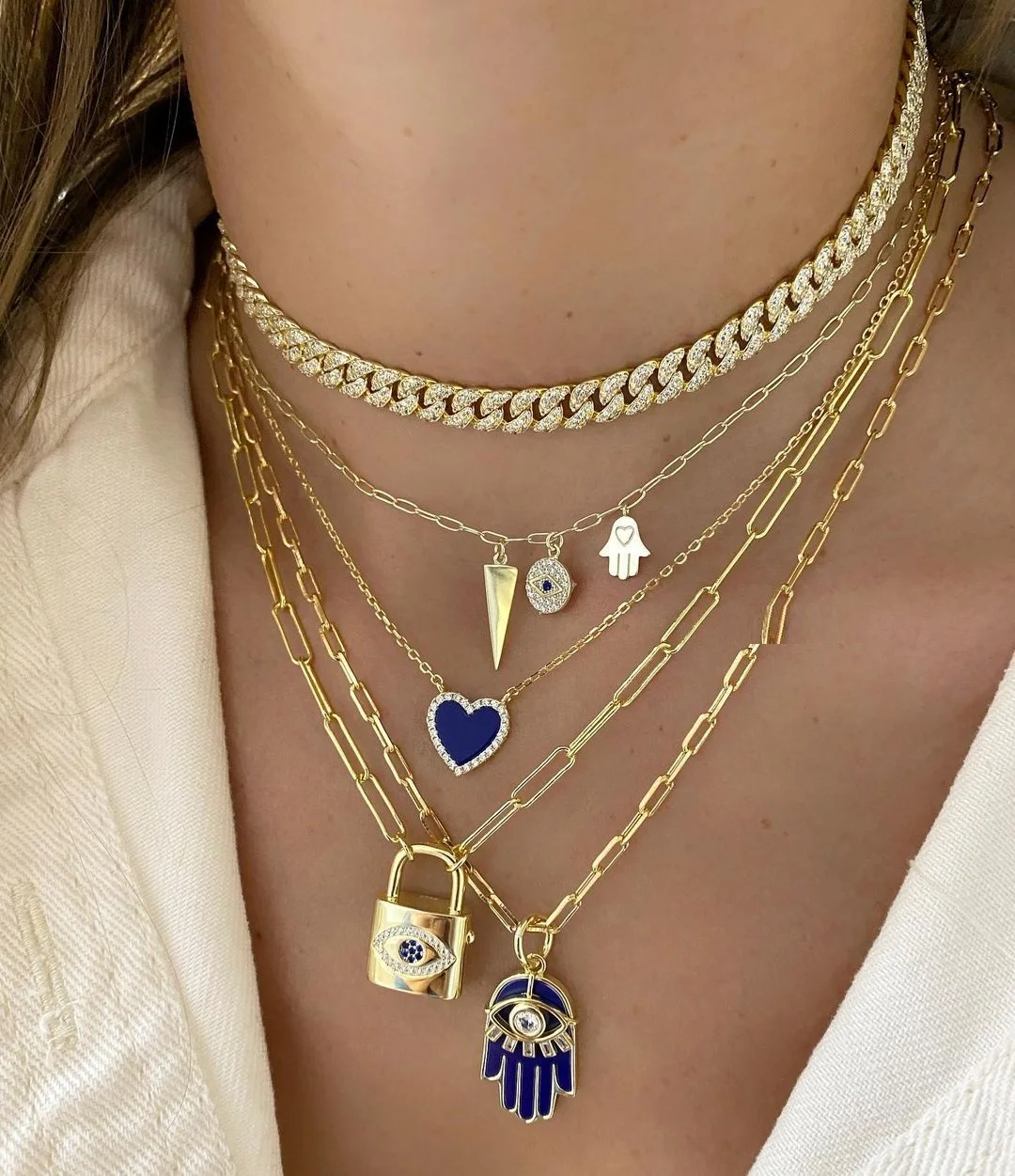 Fashion Silver Gold Plated Evil Eyes Signet Concentric Lock Pendant Paperclip Link Chain Necklace For Women