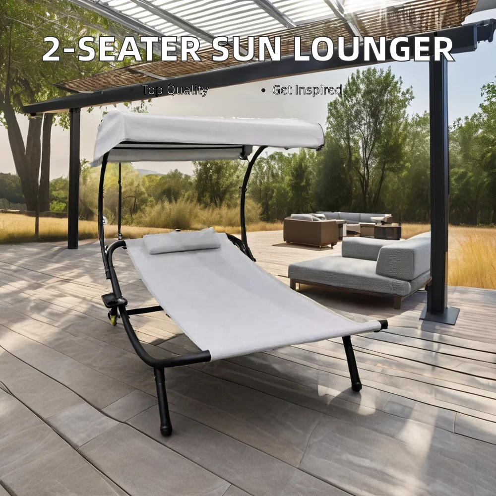 Modern 2-Seater Outdoor Garden Lounge Bed with Sun Shade Wheels Pillows Durable Metal Wood Design for Patio for Hotels Parks