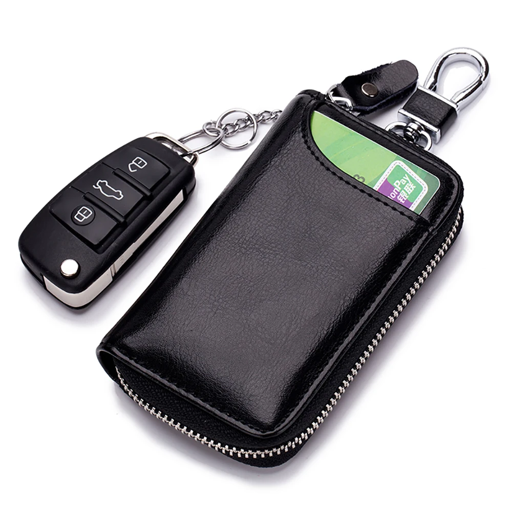 Functional unisex zipper leather key holder bag car key wallet case for men women