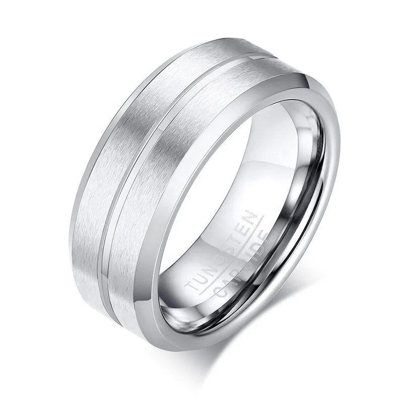 POYA 8mm Matte Finished Tungsten Ring with Polished Blue Groove Black Wedding Band Comfort Fit