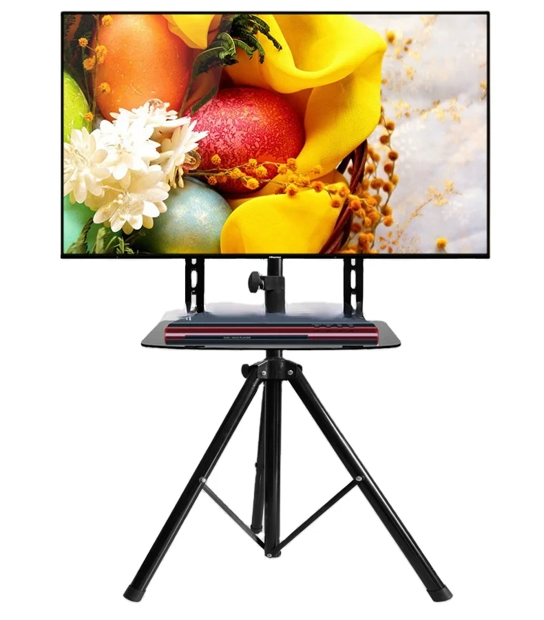 360 degree Swivel 32~55 inch TV Mount Tripod Stand with DVD Holder VESA 100~500mm Loading 50kgs Height Adjustable TV Floor Stand