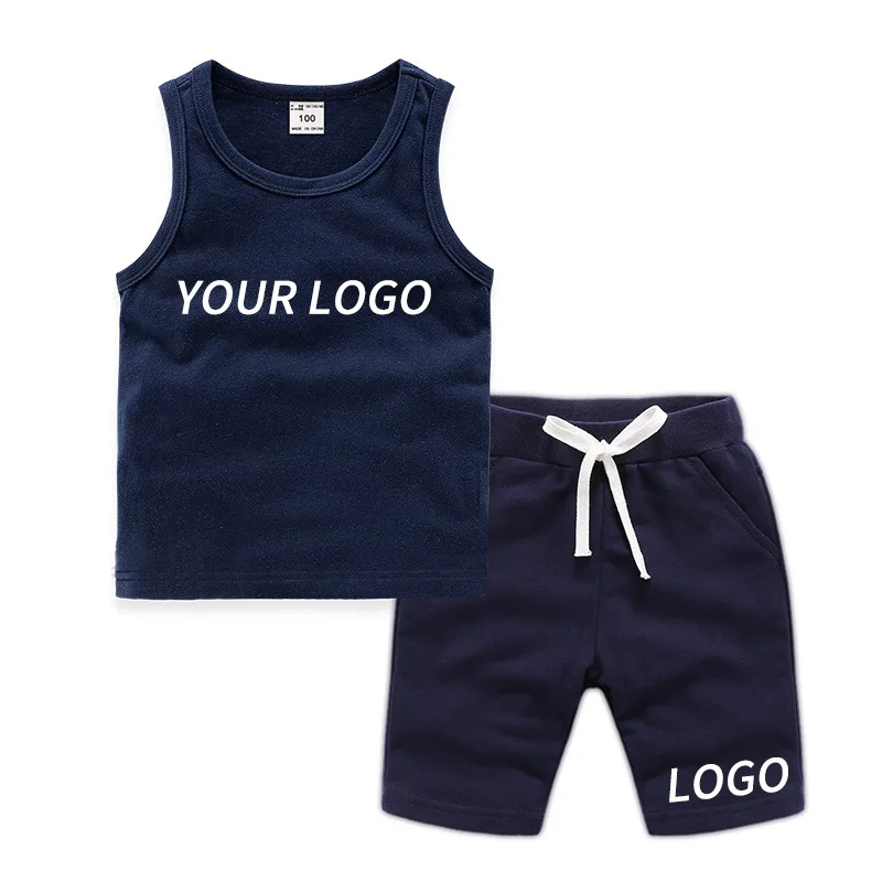 Custom Logo Children Clothing Set Kids Boys Summer Sports Casual Short Sleeve Clothing Sets Solid Color Girls T-shirt Set