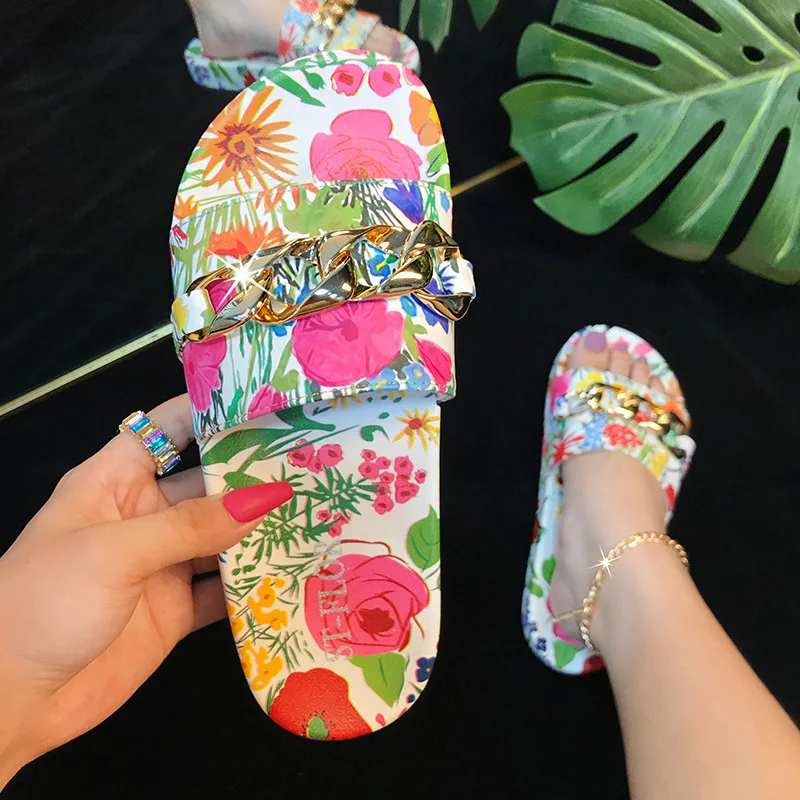 Amazing Comfortable Slippers!! Colorful Flower Patterns Summer Women Slides Chain Soft Floral Design Women Flat Slippers