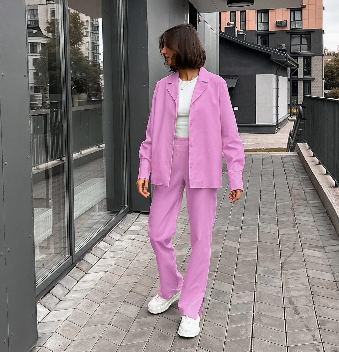 OOTN Ladies Pink Casual Set Lapel Long Sleeve Top and Loose Trousers Two Piece Office Women Elegant Commuter Two Piece Set