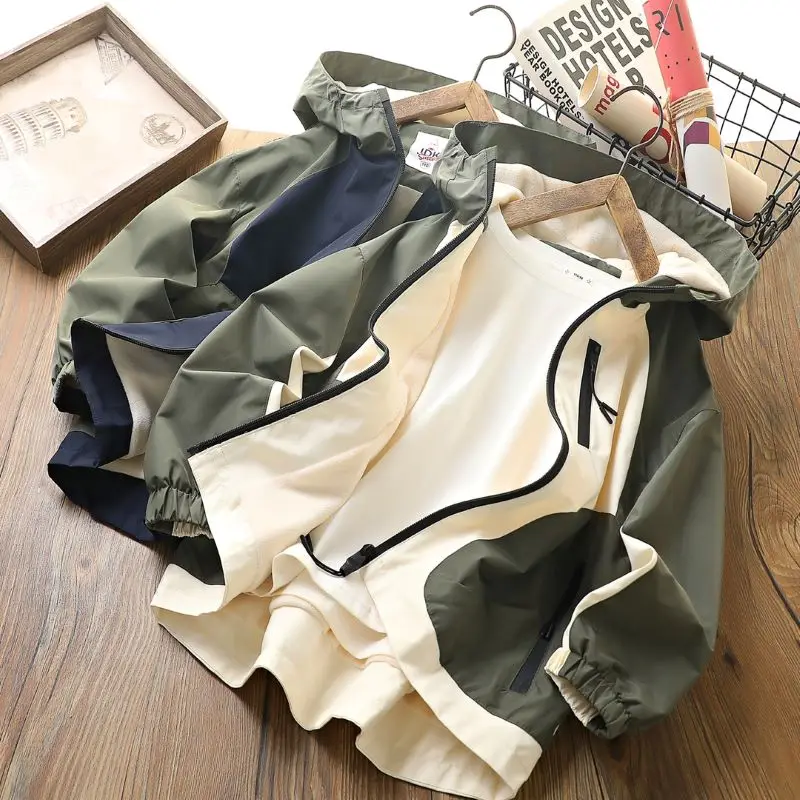 spring Korea Style Kids Winter Coat Windbreaker Jacket for Baby Boys with Zipper Hoodie Set Fleece Material Cotton-Filled