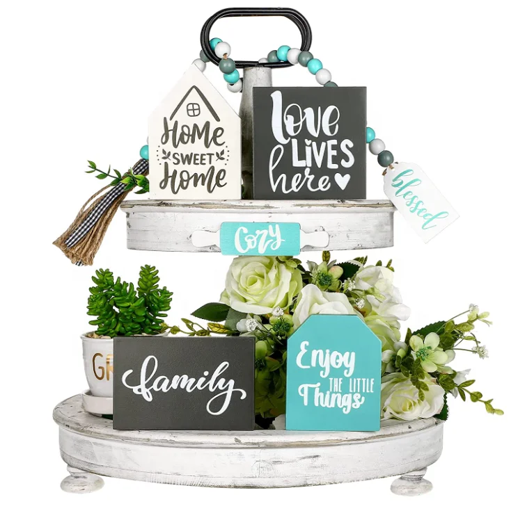 6pcs Bundle Home Items Signs Set Rustic Farmhouse Mini Rolling Pins Farmhouse and Beaded Garland Wood Tiered tray Decor