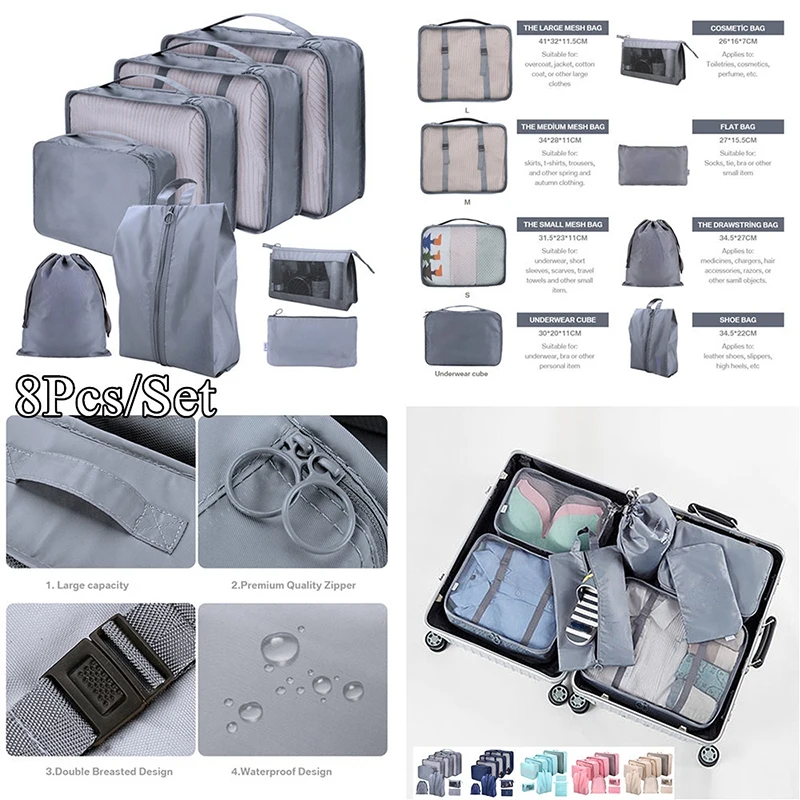 8 Set Packing Cubes Travel Storage Suitcase Packing Set Storage Cases Portable Luggage Packing Organizers for Travel Accessories