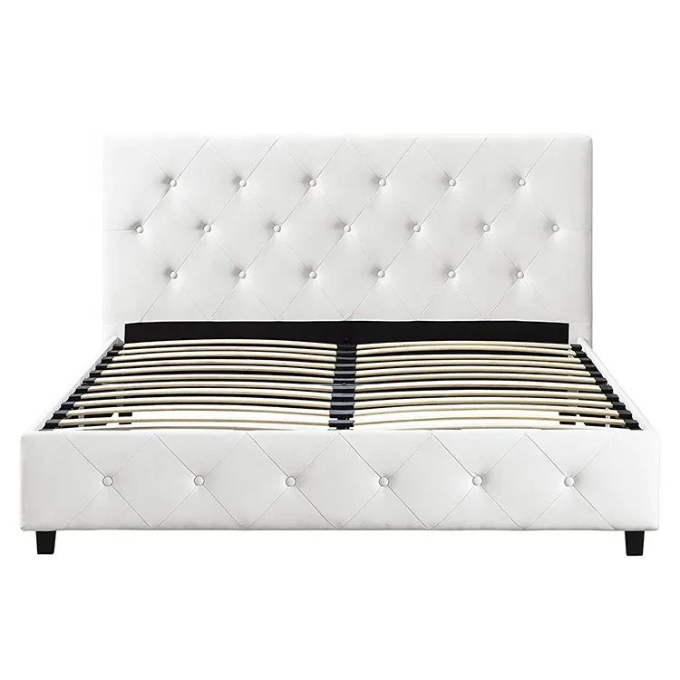 
Modern home furniture wooden queen size double upholstered big platform tufted white chesterfield bed 