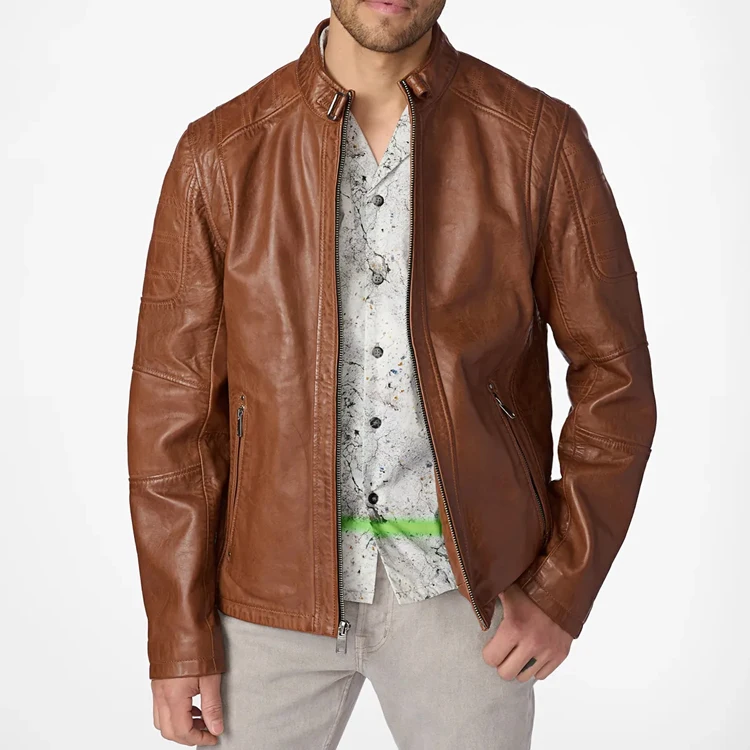 Custom Stylish Vintage High Street Long Sleeve Brown Leather Moto Jacket For men