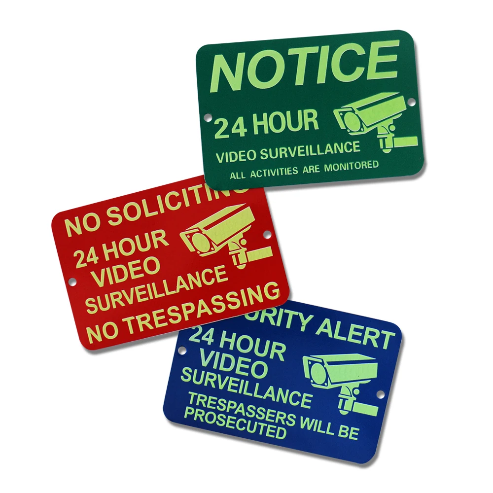 Reflective Safety Notice Custom Aluminum Board 24 Hours CCTV Camera Surveillance Warning Glow In The Dark Sign