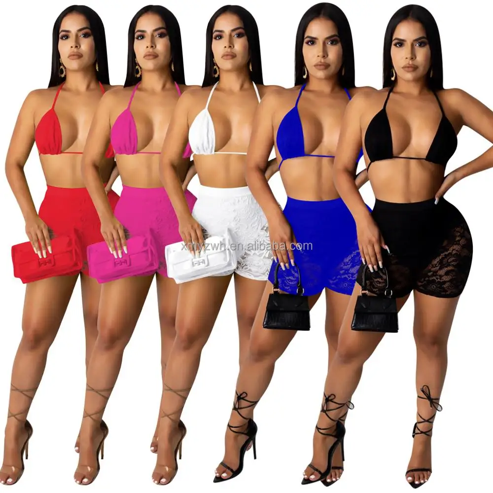 2021 sexy women crop top bathing suit two piece lace shorts swimsuits micro bikini plus size swimwear