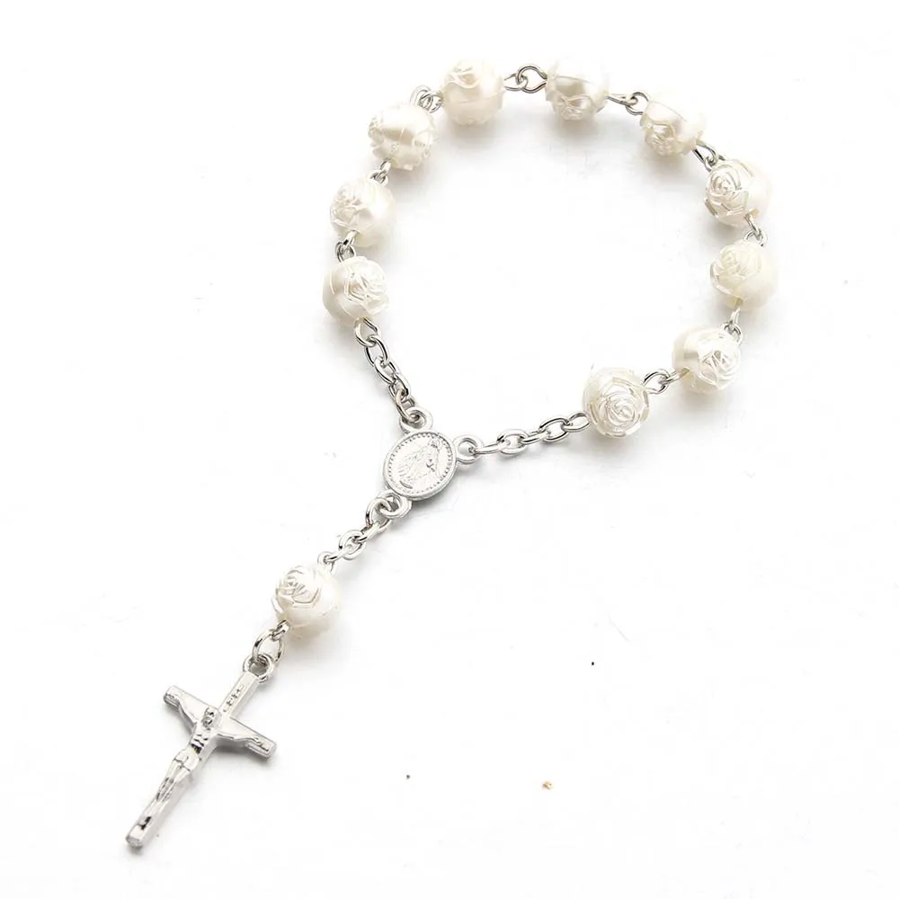JOYFFO Mini Rosary Beads Love Cross Finger Chain Baby Glass Pearl Baptismal Communion Gift Fashion Bracelets & Bangles