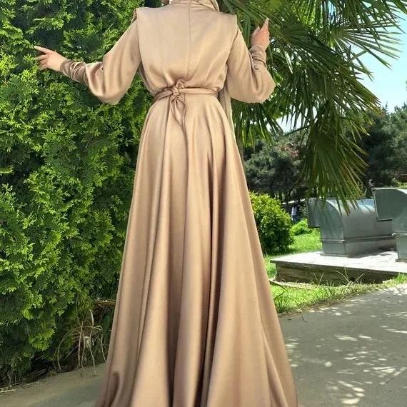 Custom Muslim Wear Manufacturers Dubai Muslim Satin Modest Wedding Party Prom Evening Maxi Dress For women