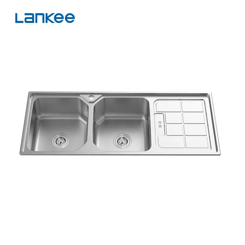 stainless steel farmouse water hand washing double bowl kitchen sink with drainboard