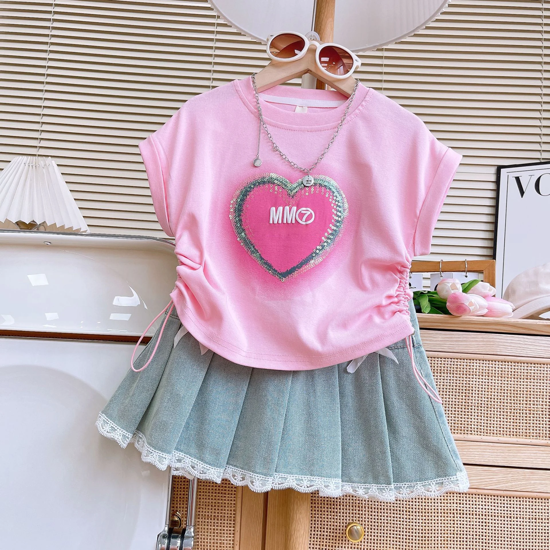 2024 Summer Fashion Kids 2pcs Suits Sleeveless T-shirt+Lace Denim Skirt Sweet Girls Clothes Sets