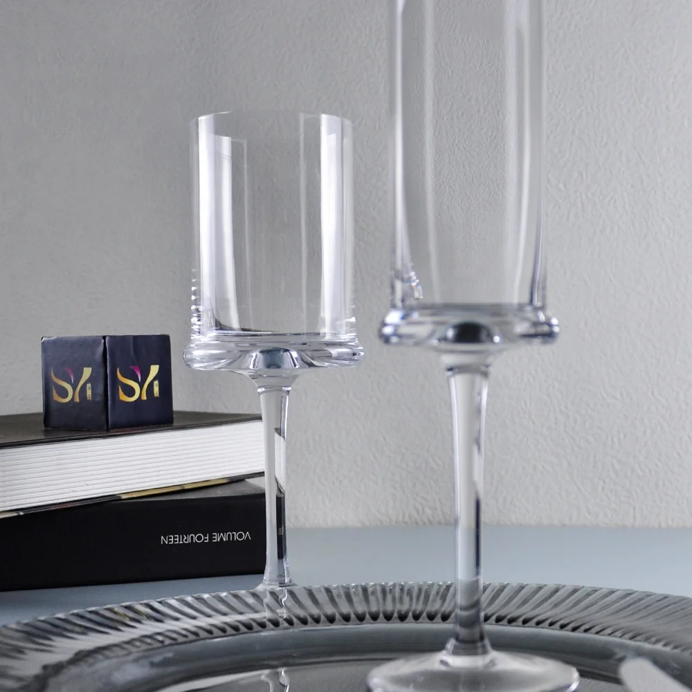 Hot selling creative straight edge design cylinder goblet wine champagne glass crystal drinkware cups set