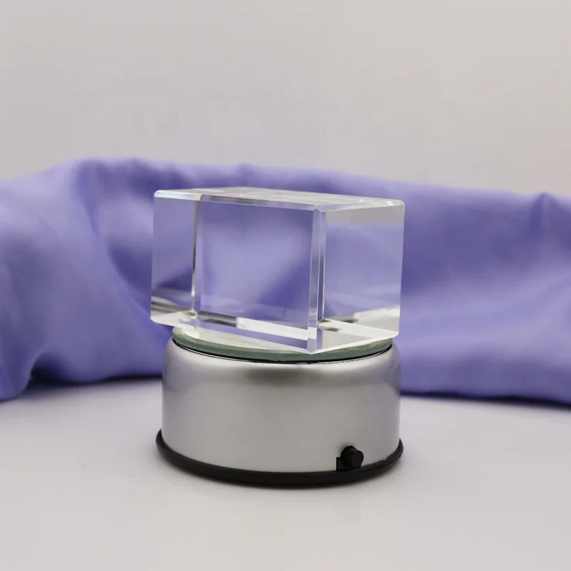 Factory Supply Blank Crystal Glass Cube with Rotatable LED Base for Custom Engraving Gifts