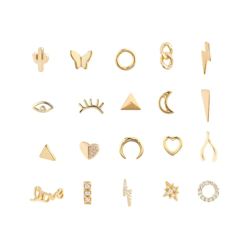 Fashion new designs jewelry gold plated multi shapes small stud earring set