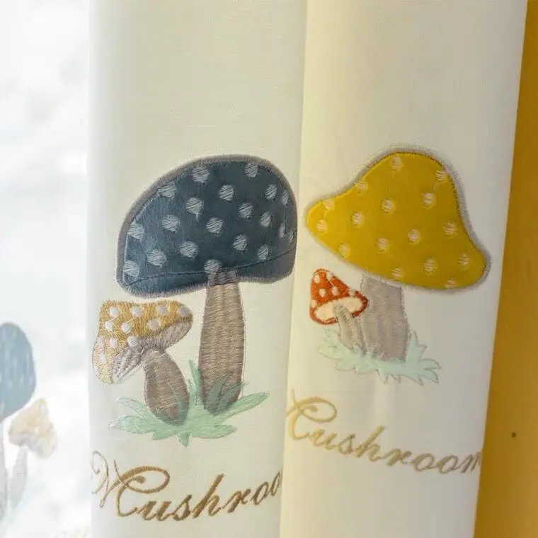 Mushroom Pattern Blackout Curtain Cartoon Embroidered Splice Window Drapes Tulle Curtains for Kid Girl Polyester Europe Woven