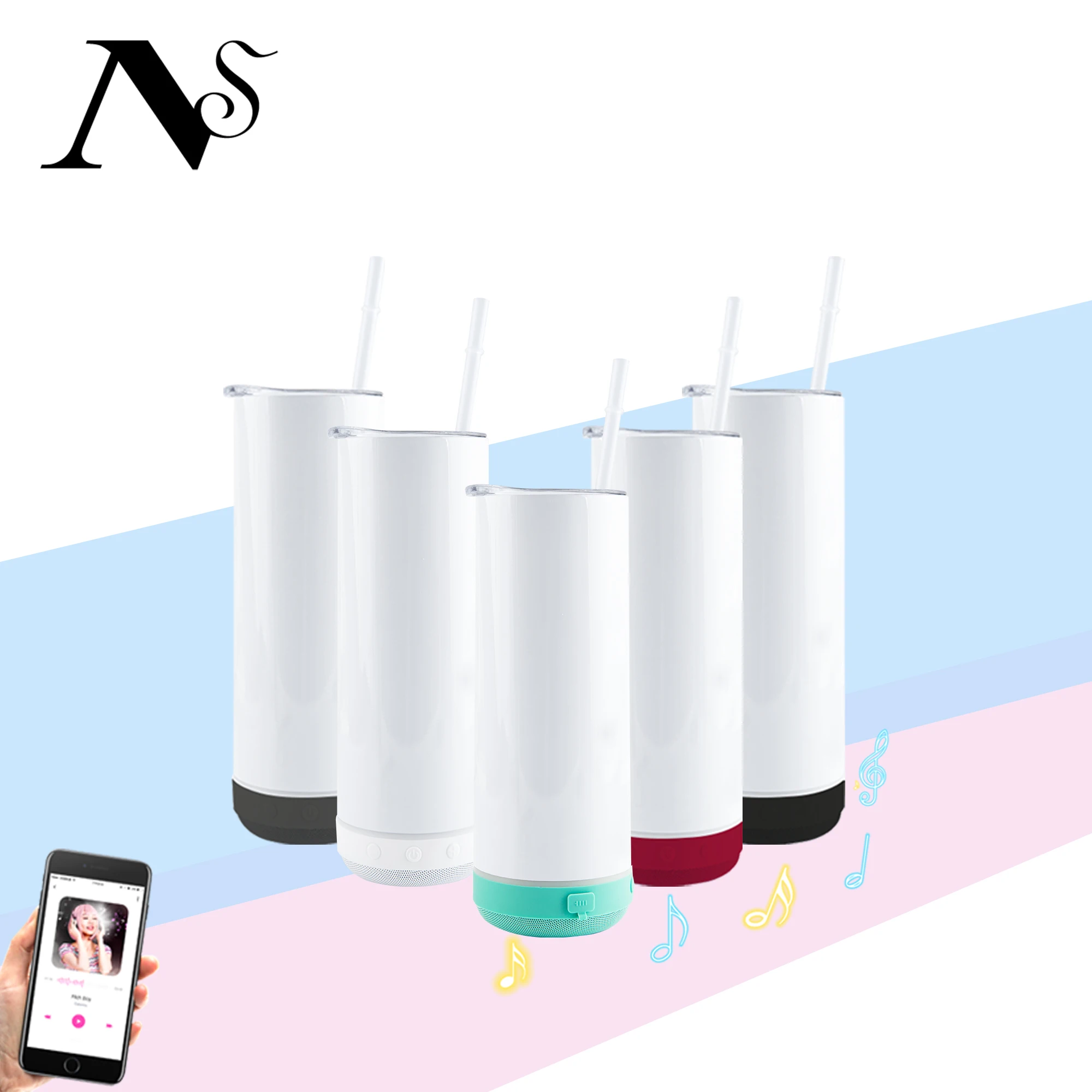 USA warehouse free ship Straight White Sublimation Blank Usb Led Light Wireless Speaker Water Cup Skinny Tumbler