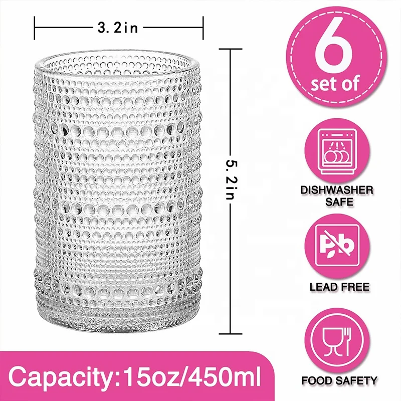 JINGYUE Wholesale Embossed Old Fashioned Mojito Cognac Barware Hobnail Beaded Glass Cups for Wedding Graduation