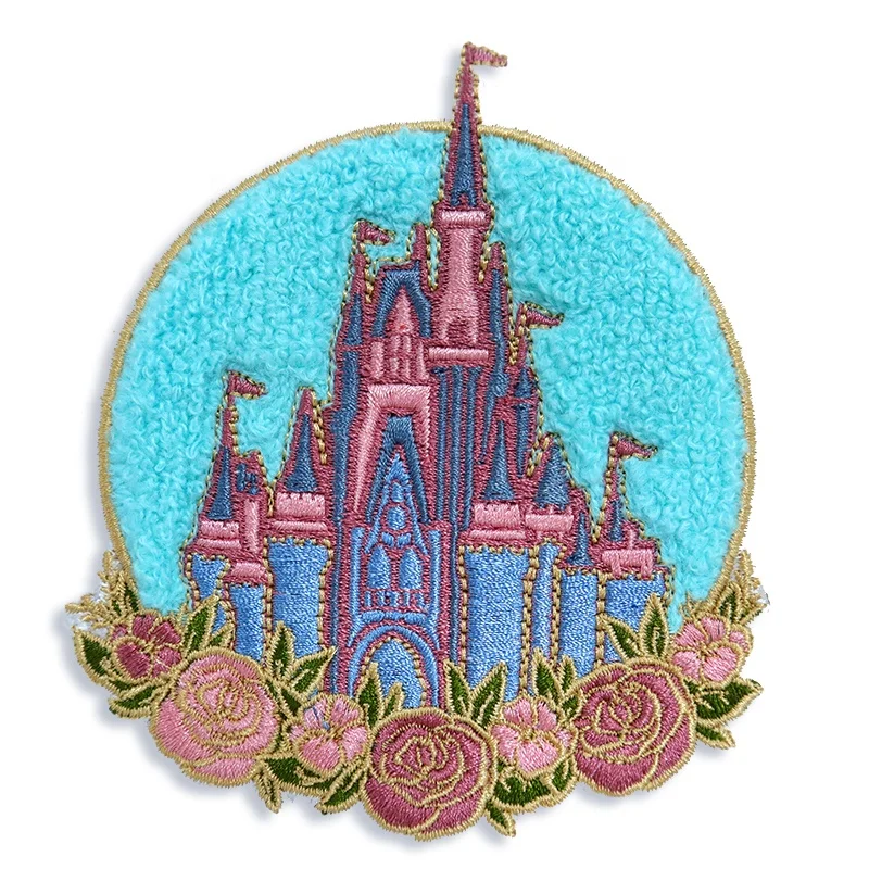 Оптовая продажа, нашивки с вышитым логотипом в виде замка из синели, нашивка для пришивания утюгом, аппликация для одежды