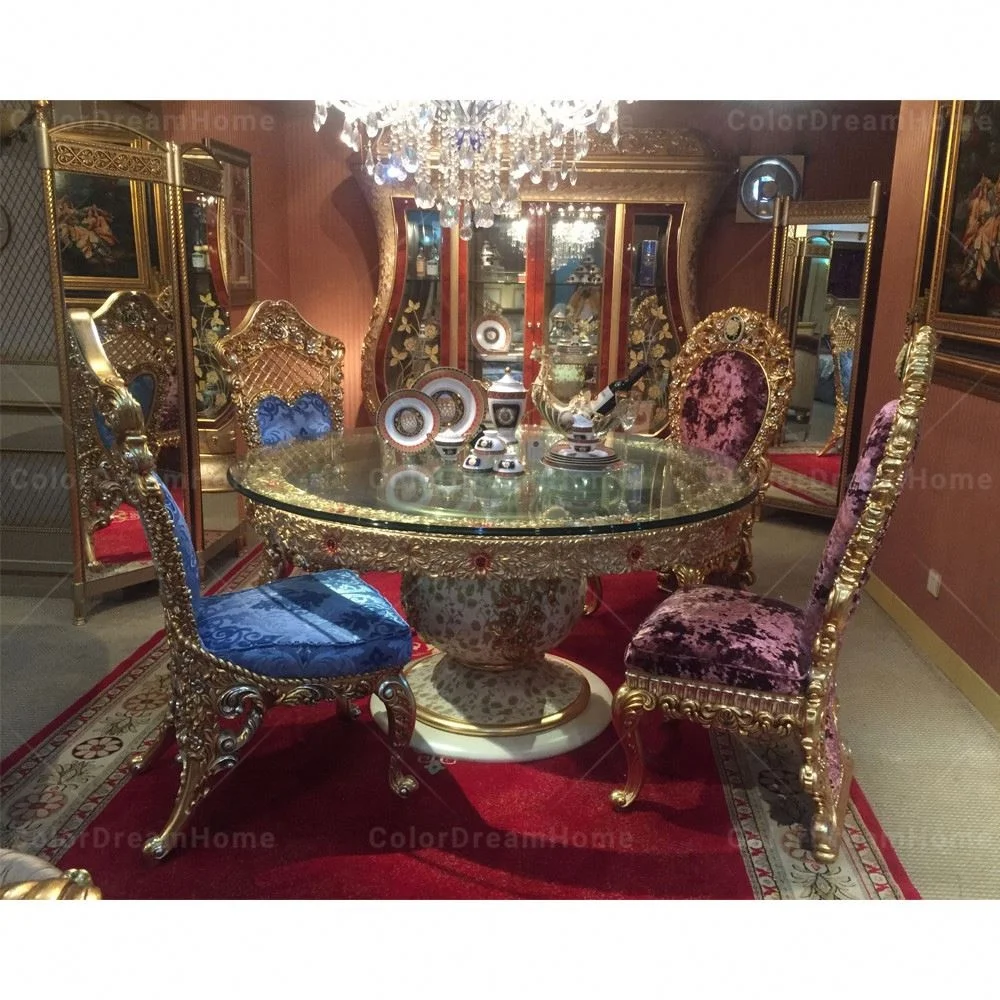 Baroque Design French Royal Luxury Round Dining Table and Chair Set with Glass