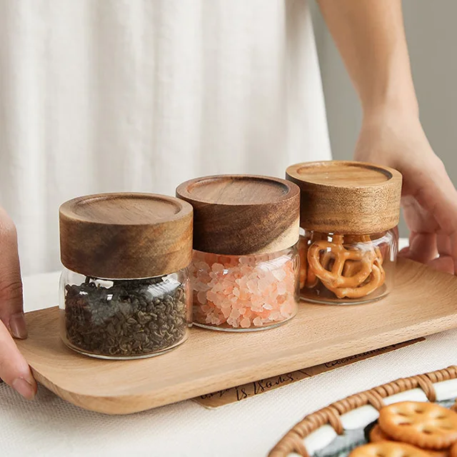 Factory Acacia Screw Seal Spice Container Cover Storage Glass Jar Wooden Lid