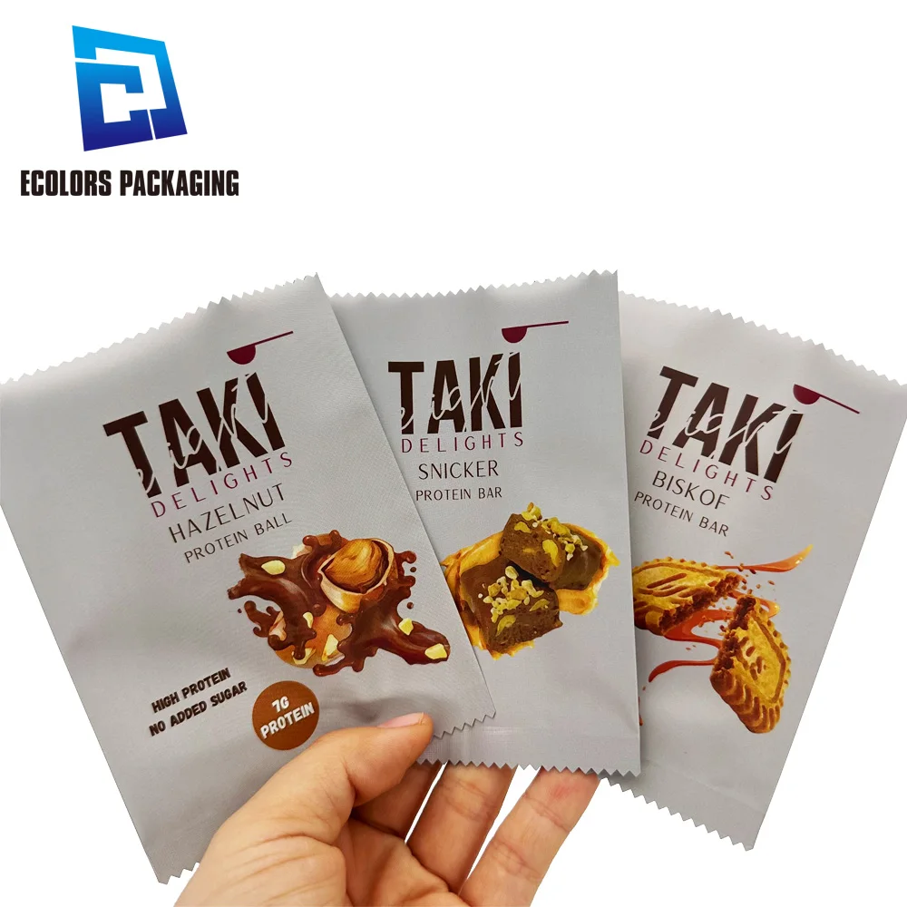 customized food grade chocolate protein bar plastic mylar 3 side seal pouch sachet plastique hot sealing frosted bag
