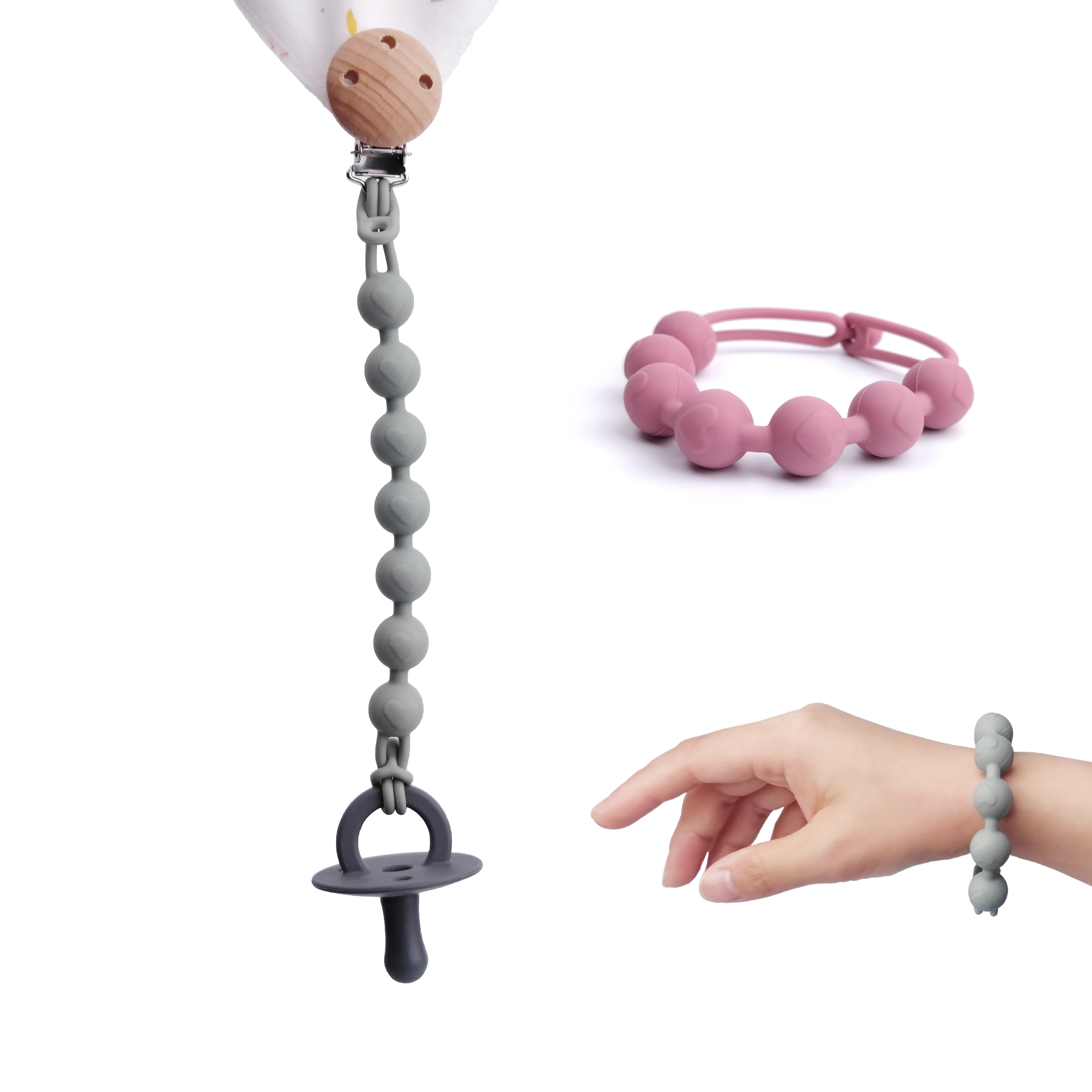 Wholesale Reusable Heart Designed Silicone Chain Food Grade Silicone Dummy Clip Silicone Baby Pacifier Chain Clips