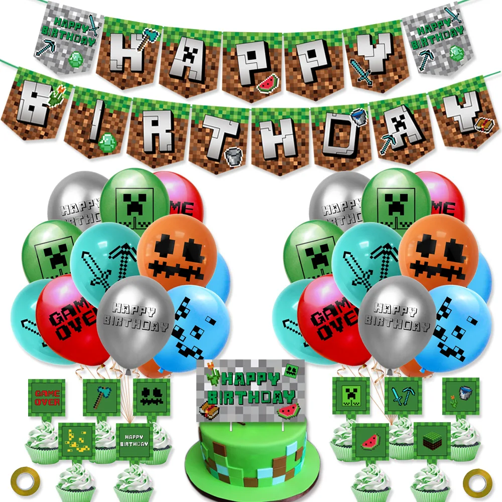 Festive Party Surprise Gift Miner Themed Wall Decoration Pixel Style Balloons Set Party Balloons