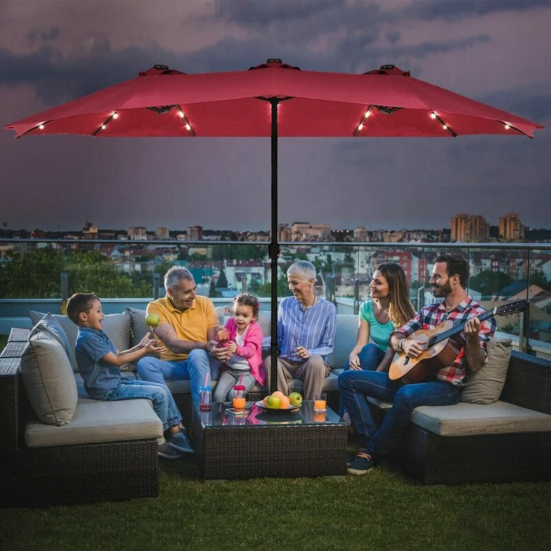 14X9FT Double Sided Sun Canopy Straight Pool Side Market Patio Outdoor Beach Solar LED Light Umbrella with Crank