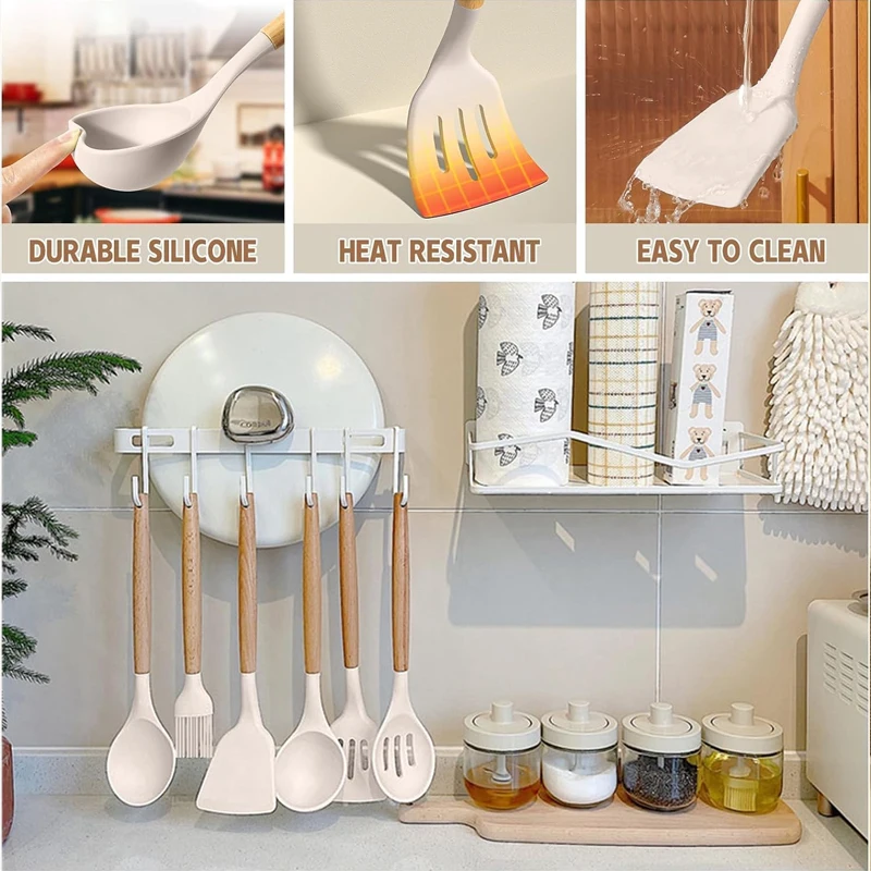 Kitchen Essentials 33Pcs Kitchen Utensils Set Wooden Handle Spatula Spoon Non-Stick Heat-resistant Silicone Cooking Utensils Set