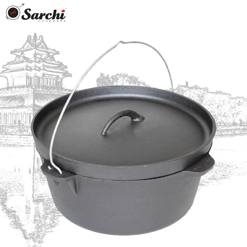 Flat Bottom Large Cooking Pot 8.5 Quart Camping Cast Iron Dutch Oven