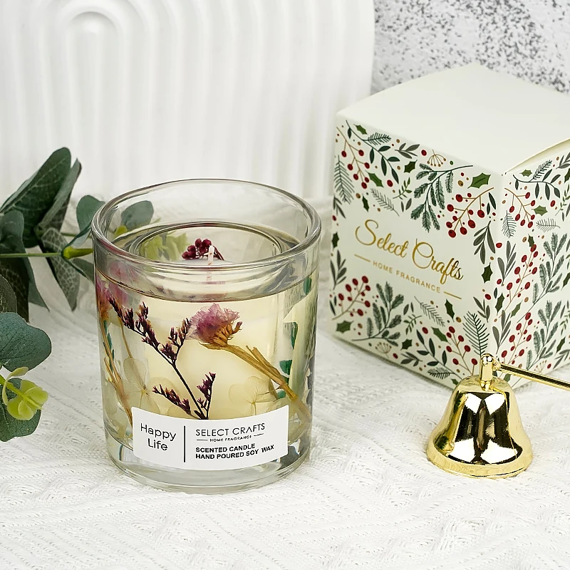 Wholesale Luxury Custom Christmas Decoration Double Glass Jar Scented Jelly Gel Soy Wax Candle with Dried Flowers Active Use