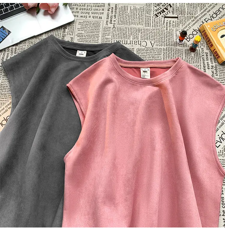 2024 new fashion streetwear unisex suede fabric blank solid color tank top heavyweight loose fit singlet vest for men