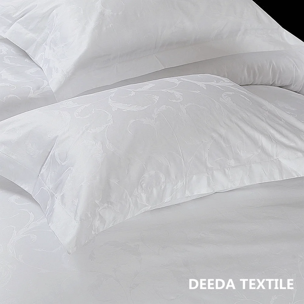 Deeda textile pure white cotton sateen jacquard hotel bedding suppli