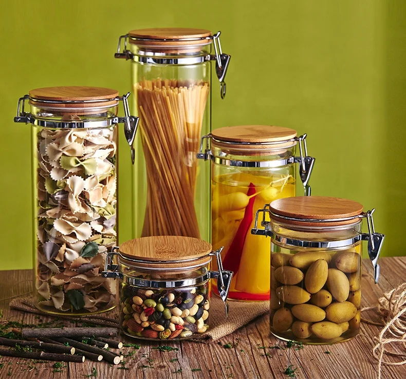 Storage glass jar bamboo lid Jar 500ml 750ml 1000ml 1500ml Glass Container with Metal Clip